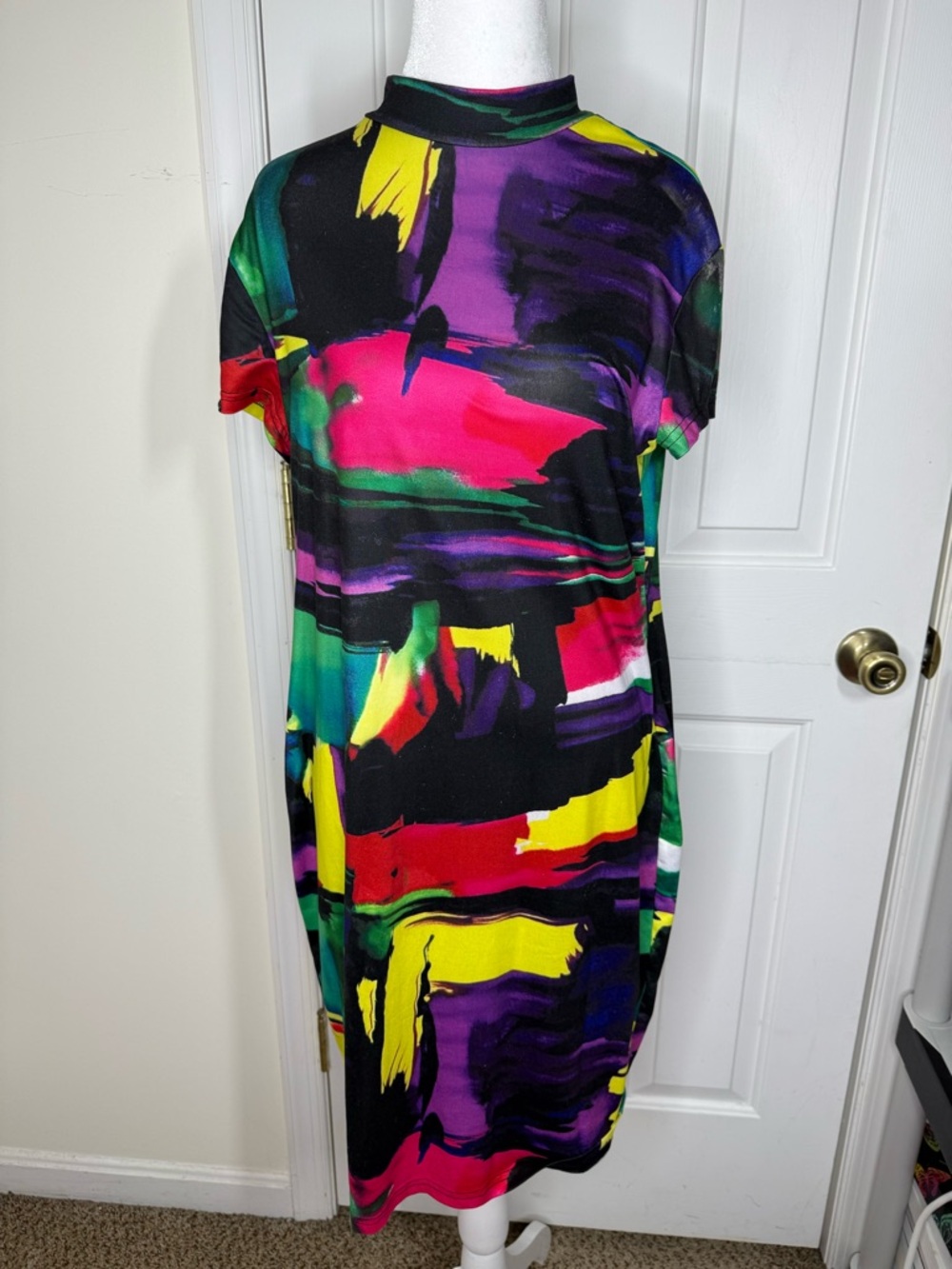 SHEIN Multicolor Abstract Midi Dress - Black, Purple, Yellow, Pink, Green